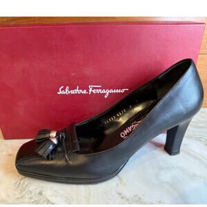 Salvatore Ferragamo Tabula Tasseled Platform Leather Heels Black 9